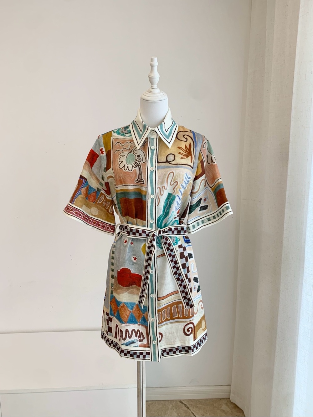 Alemais Abstract Collared Shirt Dress in Cream, Teal & Brown